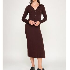 Collared Ribbed Long Sleeve Midi Dress in Brown